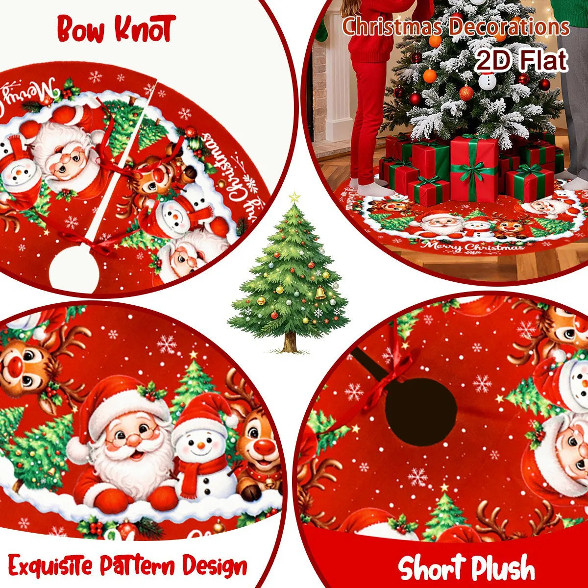 Christmas Tree Skirt Cartoon Santa Snowman Print Round 60/90cm Washable Polyester Tree Mat Home Party Decor Christmas Decoration