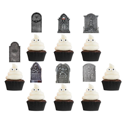 12pcs Halloween Cupcake Toppers Tombstone Graveyard Cake Toppers Scary Cupcake Decoration Table Centerpiece Appetizer Sticks