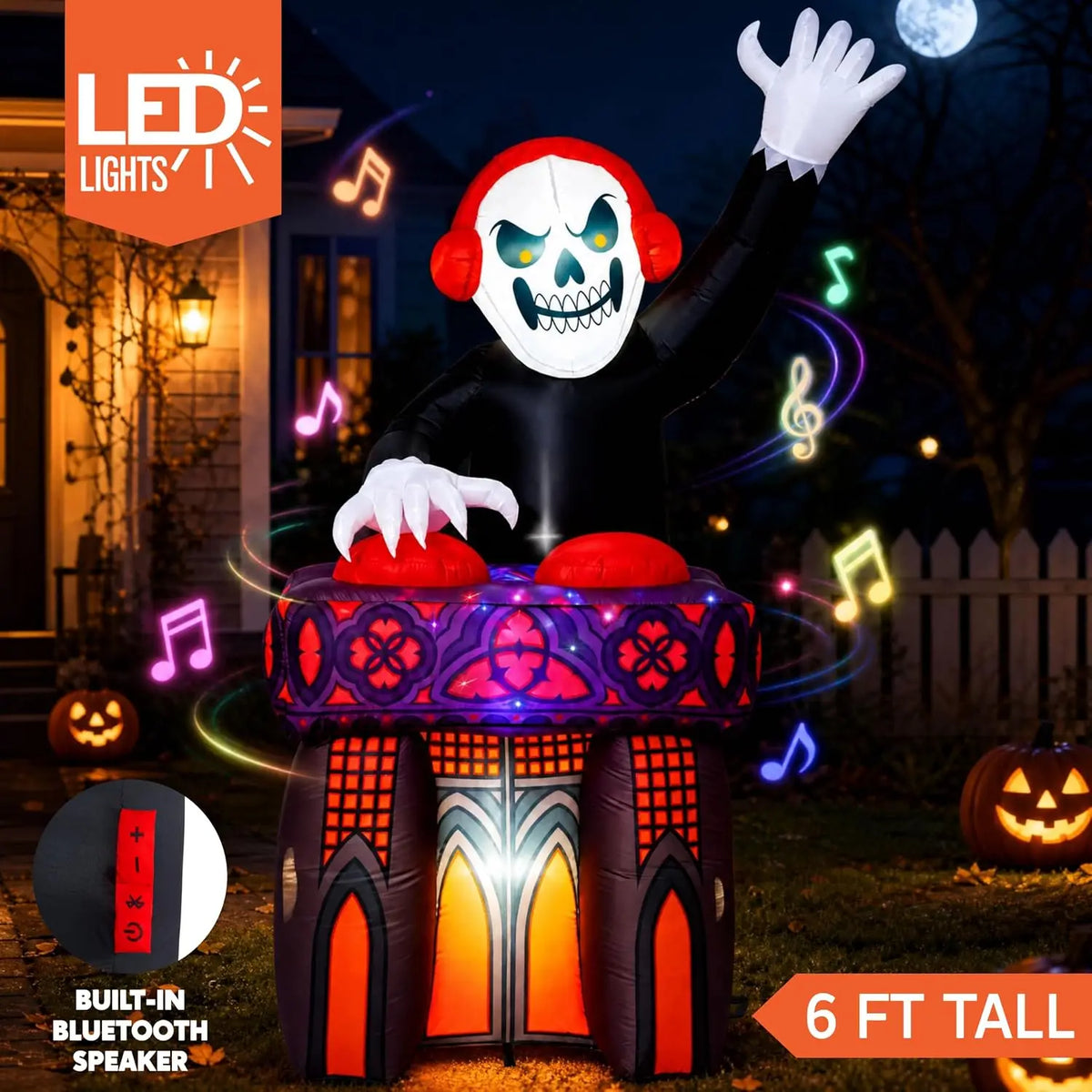 6ft Halloween Animatronic DJ Reaper Decorations Outdoor Life-Size Gothic Skeleton DJ RGB Lights & Motion Activated Head, Creepy Halloween Decor for Yard Garden Lawn
