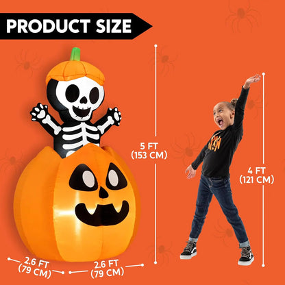 5FT Halloween Animated Inflatables Outdoor Decorations, Inflatable Skeleton On Pumpkin with LEDs, Cute Blow Up Pumpkin Skeleton Decor for Outside Yard Indoor Lawn Garden Party Decoration