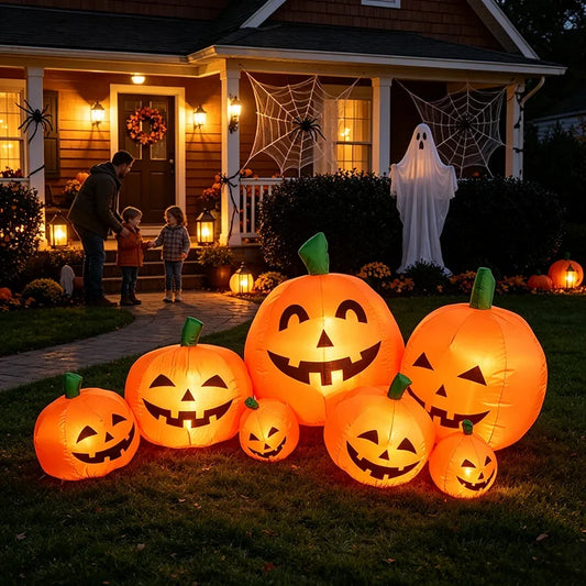 NEW Arrival 7.5FT Halloween Inflatable Pumpkin Decoration LED Blow Up Pumpkin Patch with 7 Pumpkins & Bright Light Boards Outdoor Airblown Yard Decor for Garden Lawn Party, Includes Blower Fan+Ground Anchors Indoor Inflatable