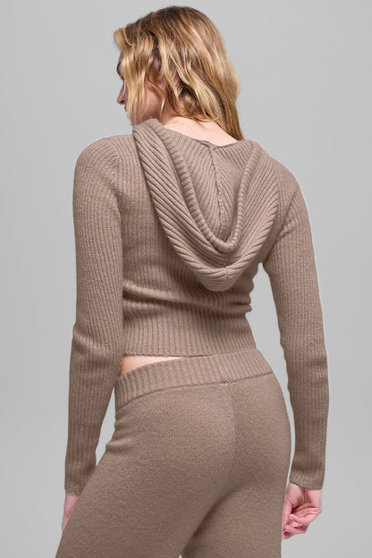 Wool Cashmere Ribbed Noble Full Zip Hoodie - Chai Latte